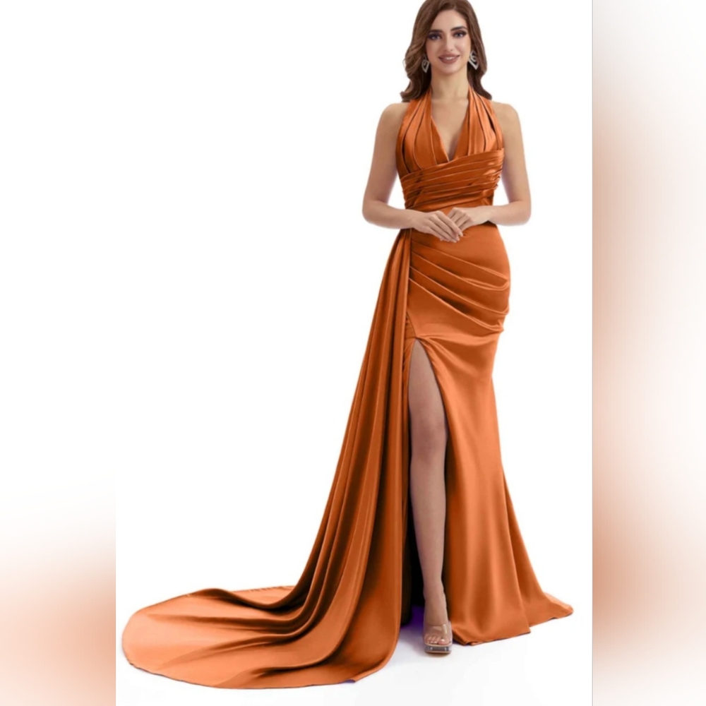 Chic Sew Burnt Orange Halter Neck Pleated Maxi Dress (**Tag Size6**)